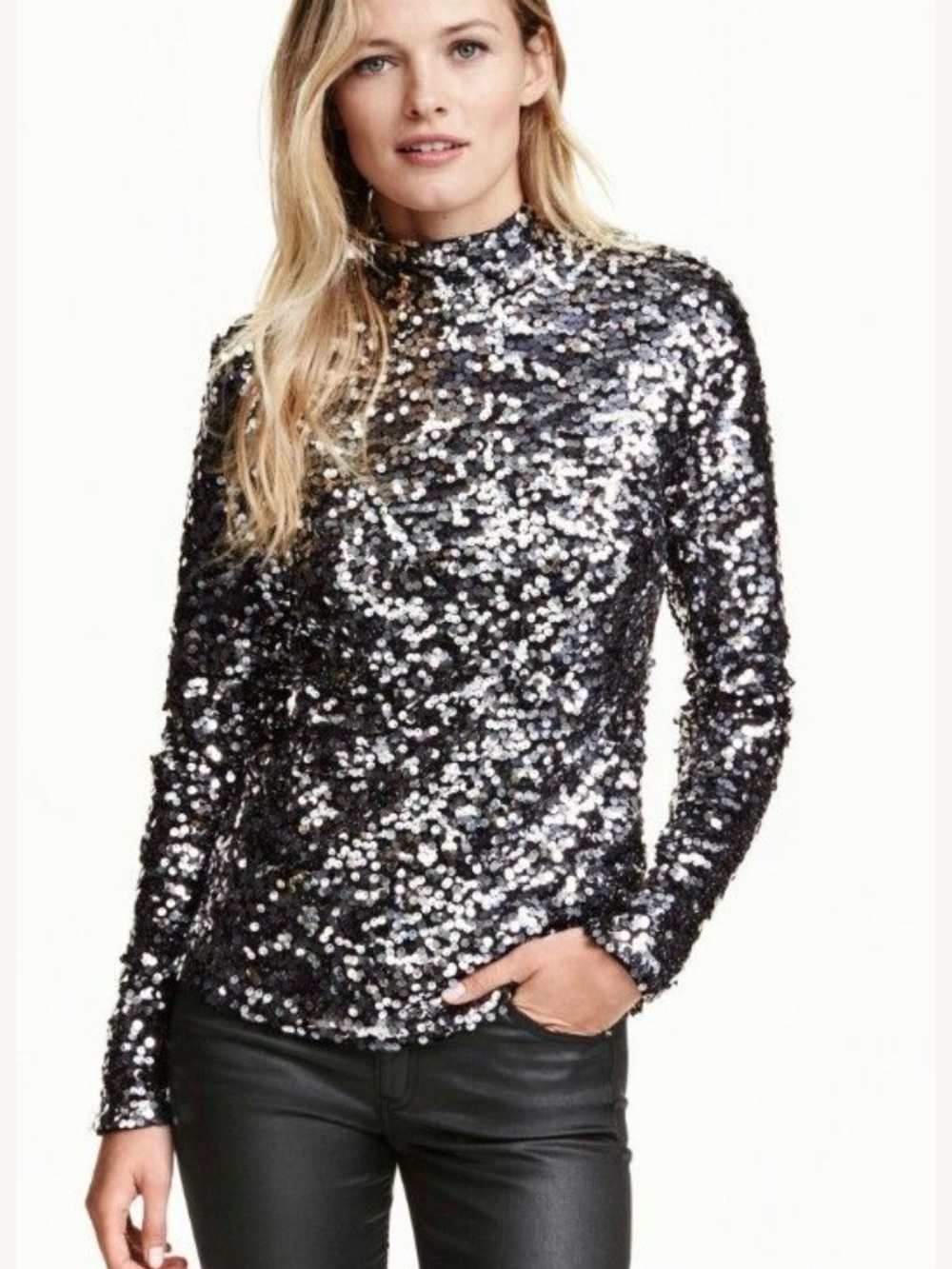H&M Silver and Black Sequin Long Sleeve Mock Neck Top Size S